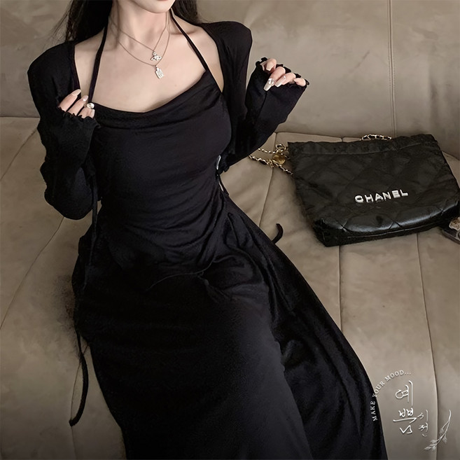 예쁨시전 [3종세트] 크롭 홀터넥 언발 나시 볼레로 가디건 롱 팬츠 셋업