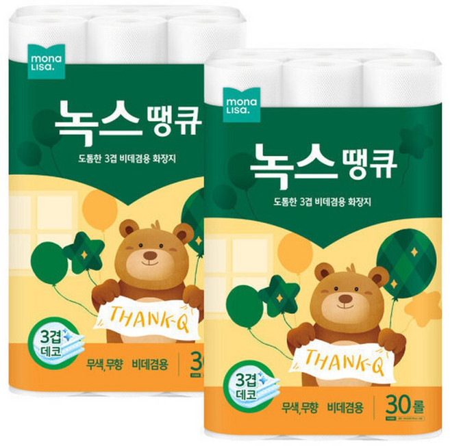 모나리자 녹차가좋은 3겹 30M 30롤 2개 총60롤 천연펄프 화장지 휴지