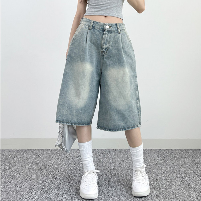 소유진 여성용 버뮤다 와이드 핀턱 허리 조절 버튼 데님 반바지 2color