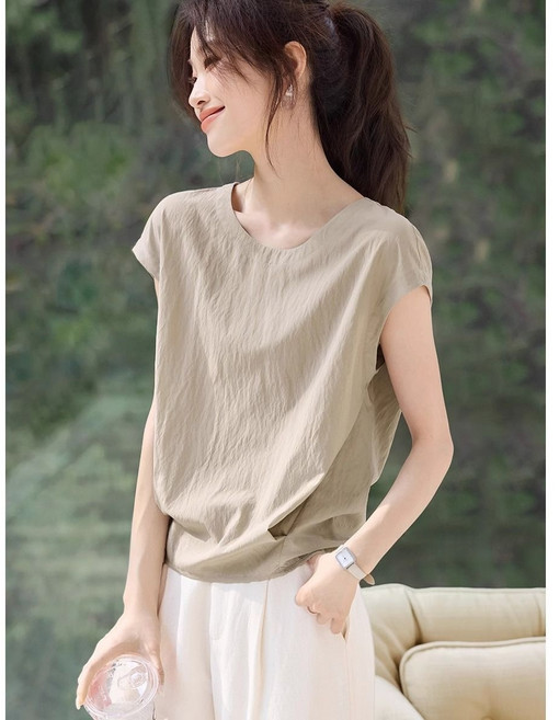 POMTOR 여성 반팔 티셔츠 여름 캐주얼 슬림핏 등판 트임 셔츠