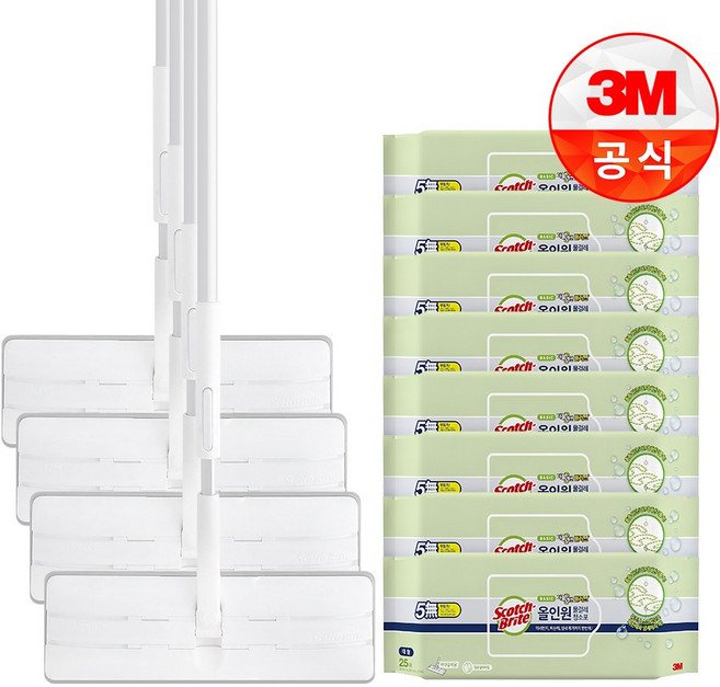 스카치브라이트 올터치 더블액션 막대걸레 대형 + 베이직 미세먼지 물걸레 청소포 더블액션 플러스 대형 25매 x 2p, 4개