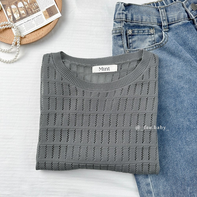 Mint 鏤空緹花針織上衣 短袖上衣 短版設計 夏季穿搭, 現貨-淺灰色F