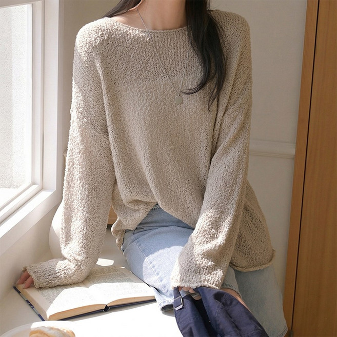 데일리앤 피온 9컬러 여성 루즈핏 보트넥 그물 레이어드 시스루 봄 여름 긴팔 부클 니트