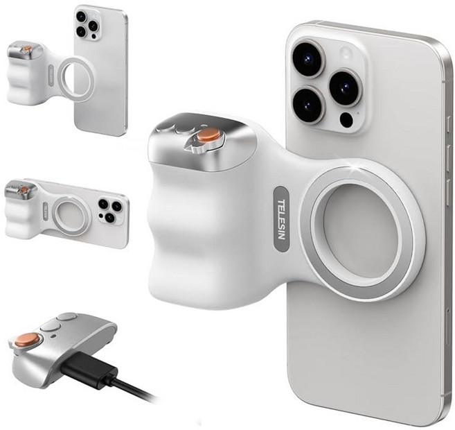 TELESIN Fun Shot 마그네틱 폰 카메라 DSLR 스타일 셔터 그립 Magsafe 아이폰 및 안드로이드용 탈착식 무선 버튼 포함 - 공식 그립 편안한 인체 공학적 핸, 화이트