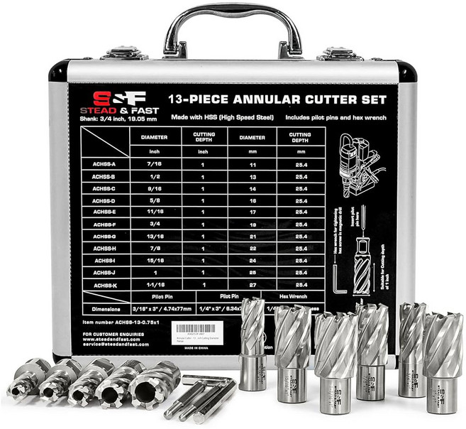 SF STEAD FAST 환형 절단기 세트 13개 STED 절단 깊이 1 직경 716에서 1116인치 마그네틱 드릴 프레스용 마그 비트 키트 파일럿 핀 2개 포함, 1개