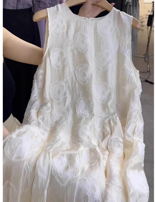 FINE ART 여성 나시 자카드 원피스 라운드 민소매 여름 미디스커트 하이웨스트 빅스커트 롱스커트 데일리 편안 캐주얼