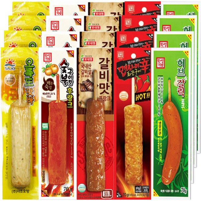[다만세푸드] 갈비맛프랑크4+허브갈릭4+맵사이신화끈구이4+오륙도맛바4+숯불구이맛후랑크4 70g 20개/편의점 핫바 소세지