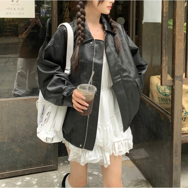 예쁨시전 스트릿 시크 오버핏 레더 집업 자켓