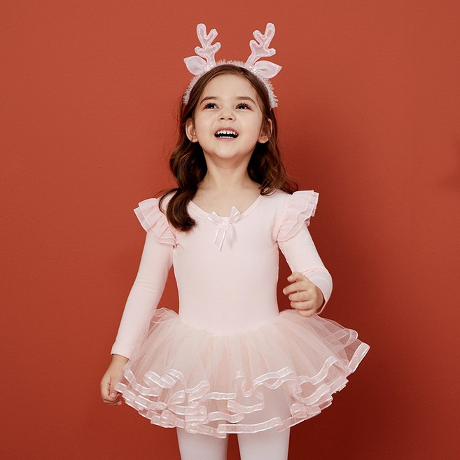 여아 유아 발레복 긴팔 연분홍 새틴 치마 뒷리본 보우 단추 디자인 발레드레스