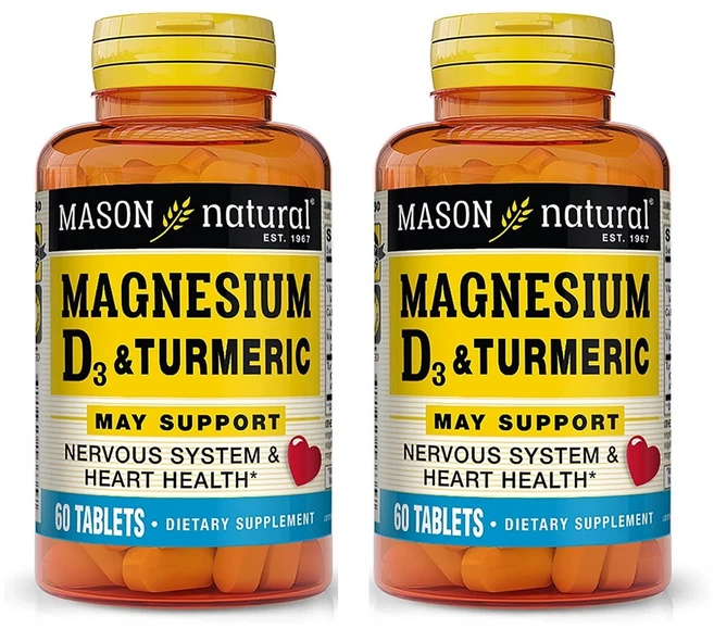 Mason Natural Magnesium and Vitamin D3 with Turmeric Tablets 마그네슘 앤 비타민 D3 터메릭 60정 2팩, 2개 - 쿠팡
