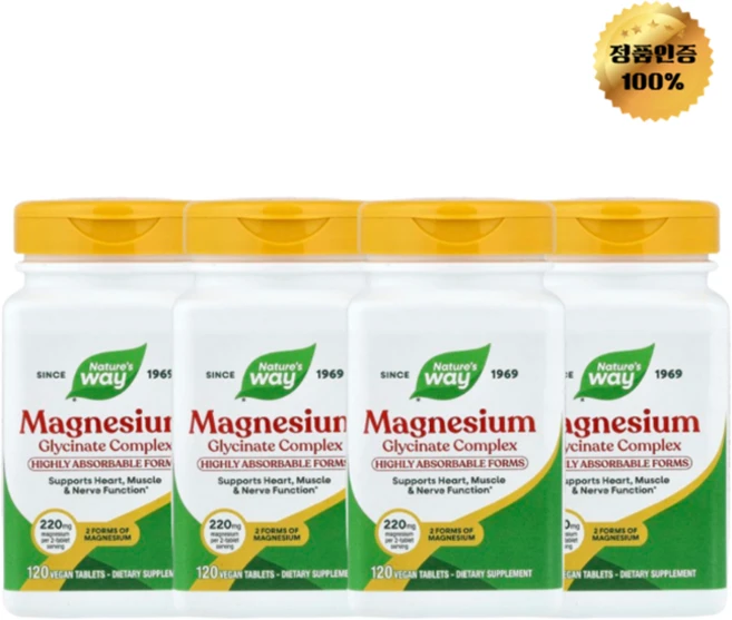 2+2 네이처스 웨이 글리신마그네슘 복합체 220mg 비건 정제 120정, 4개 - 쿠팡