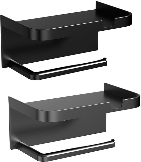 투데이리빙 2P 세트 무타공 핸드폰 거치대 휴지 걸이 욕실 두루마리 화장지 부착식 선반 화장실 방수 거치대 다용도 소품 보관 접착식 디스펜서, 2개, 블랙+그레이