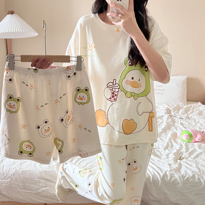 여성용 쓰리피스 파자마 반팔 잠옷 오리 곰돌이 홈웨어 캐릭터 상하의 세트 여름 빅사이즈 실내복SY-051543