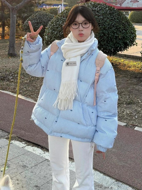 해피유통 여성용 겨울 두꺼운 패딩 점퍼 스트라이프 디자인 캐주얼 아우터