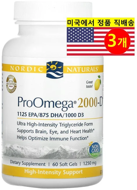 Nordic Naturals 노르딕 네추럴스 프로 오메가 2000-D 1250mg 레몬맛, 3개, 60정 - 쿠팡