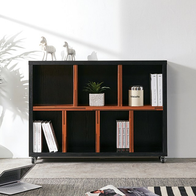 블랑누보 책장수납함 북카페 오픈형 긴 가로 와이드 낮은 이동식 책장 2단, 블랙멀바우