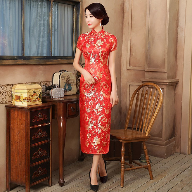 鳳尾花長旗袍 復古中國風連衣裙 婚禮喜宴 派對演出服 紅色