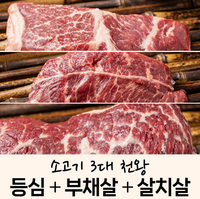 [런칭 특가] 솔트에이징 숙성육 3종 세트 450g 등심+부채+살치 (캠핑고기 구이용 스테이크용 미국산 코스트코 등심 웻에이징 드라이에이징)