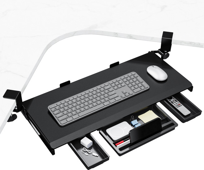 ETHU 키보드 트레이 슬라이딩 책상 연장 키보드 거치대 무타공 수납서랍 3개가 있음 확장테이블, Black회전가능, 1개