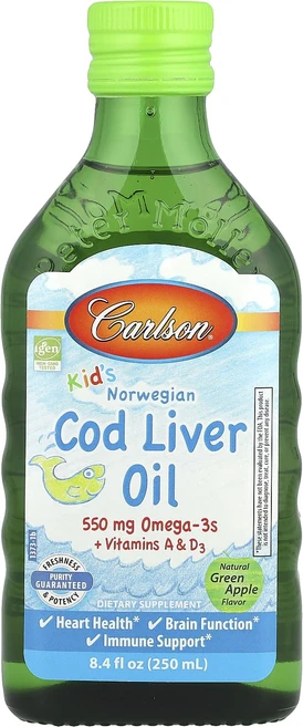 Carlson 어린이용 노르웨이산 대구 간유 천연 청사과 맛 250ml(8.4fl oz), Carlson어린이용노르웨이산대구간유천연청사과맛250m, 1개, 250ml - 쿠팡