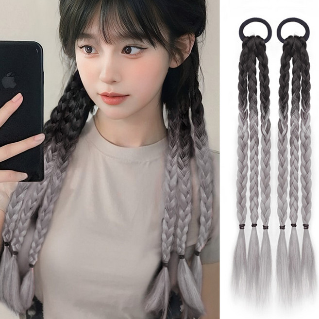 코코쥬 투톤 그라데이션 땋은머리 헤어가발 머리끈 브레이드 양갈래, 그레이, 2개