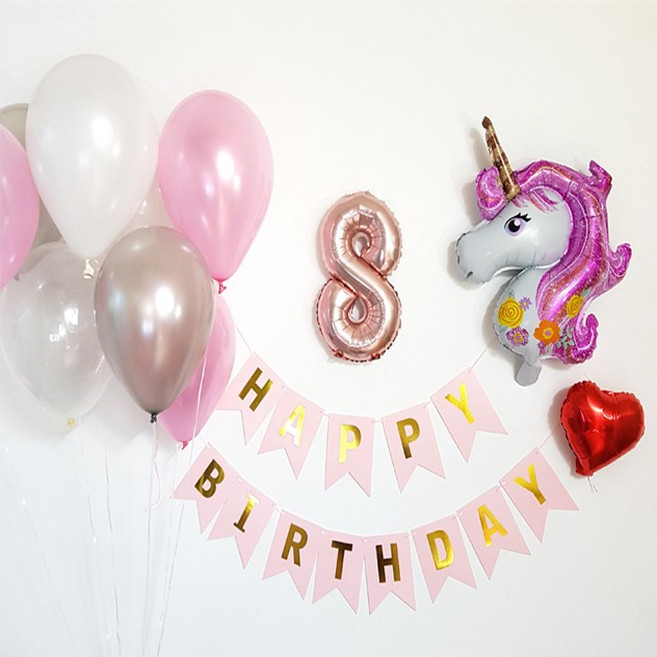 [파티온] 유니콘생일파티세트, 생일가랜드(실버)+손펌프