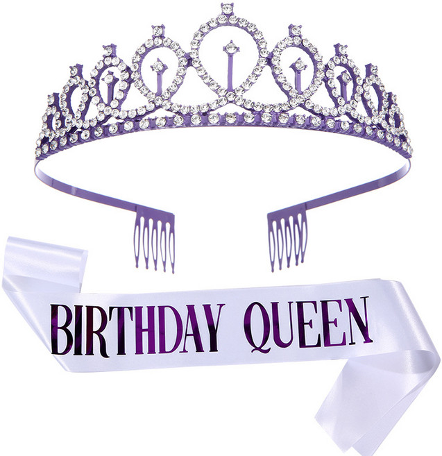 생일 고급왕관 + 생일 어깨띠 생일파티용품, 1개, 연보라