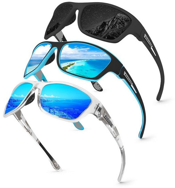 KUGUAOK 편광 스포츠 선글라스 남성용 운전 사이클링 낚시 100% 자외선 차단 고글 블루 미러 251807, 3팩-블랙+블루+클리어 블루