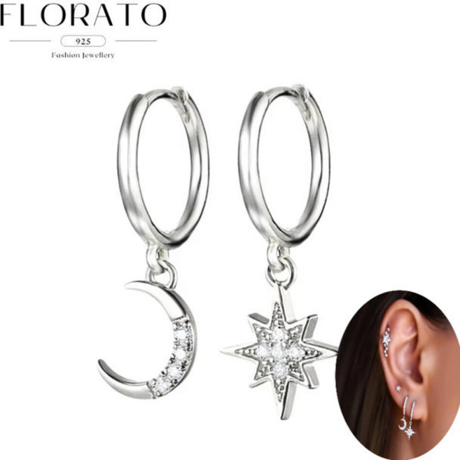 여성을위한 925 실버 바늘 스타 후프 귀걸이 다섯개 문 화이트 지르콘 펜던트 Huggie 패션 파티 보석 선물 (보석 색상-LN0153-2 2), 1개