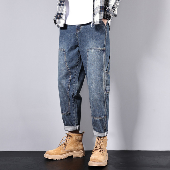 녕동 남성 배기 청바지 봄가을 캐주얼 워싱 카고 일자 9부 데님 팬츠