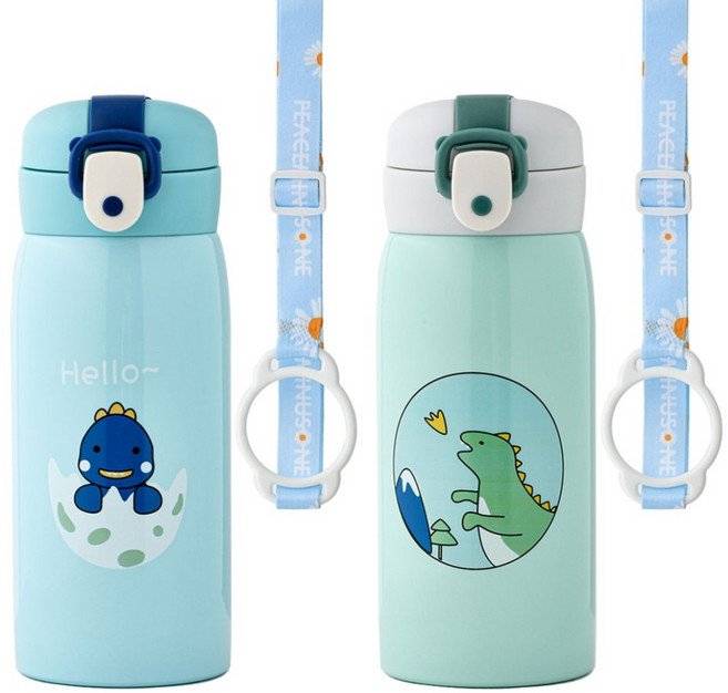 코코메이트 원터치 보온보냉 공룡 텀블러(350ml) 스트랩세트, 블루+민트, 1개