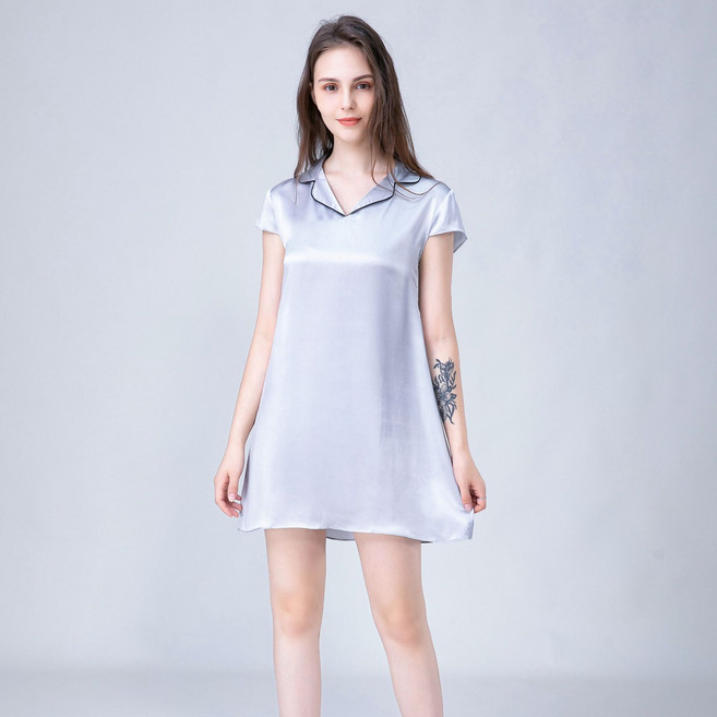 真絲睡裙女夏翻領領短袖純色桑蠶絲綢睡衣家居服