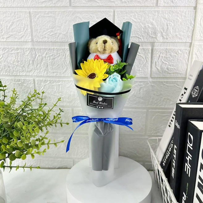 올리브파티 학사모 곰돌이 인형 조화 졸업식 수료식 꽃다발, 1개, C타입_블루