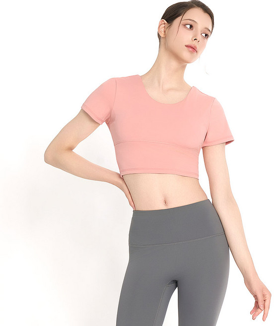 롤리핏 브라패드 내장 요가 필라테스 반팔 크롭티 숏슬리브 X백 스트랩