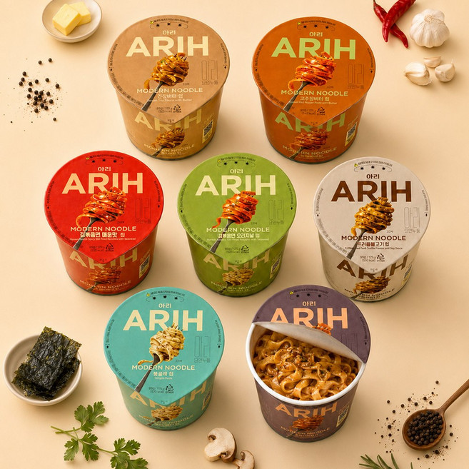 ARIH 아리 모던누들용기면 7컵 (트러플불고기 1개 + 후추라볶이 1개 + 고추장버터 1개 + 간장버터 1개 + 봉골레 1개 + 김볶음면 오리지널 1개 + 김볶음면 매운맛 1개)