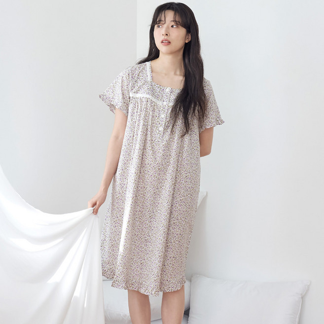 메이플라워 보라잔꽃 반팔 순면 여성 빅사이즈 잠옷 홈웨어 원피스 잠옷