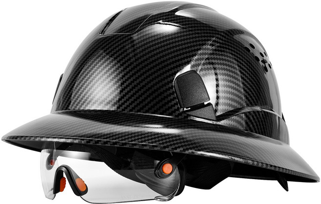 LOEBUCK 신형 미국 탄소섬유 넓은 챙 충돌 방지 건물 안전모 고글 착용, 1개, 밝은 검은색