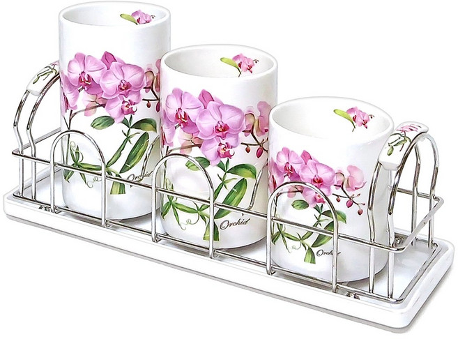 토탈하우스 BSF 백산도자기 3단 수저통 수저꽂이 사각 물받침대 투명뚜껑 포함 3단수저통 (종류 6종 1선택), 1세트, 오키드-5958