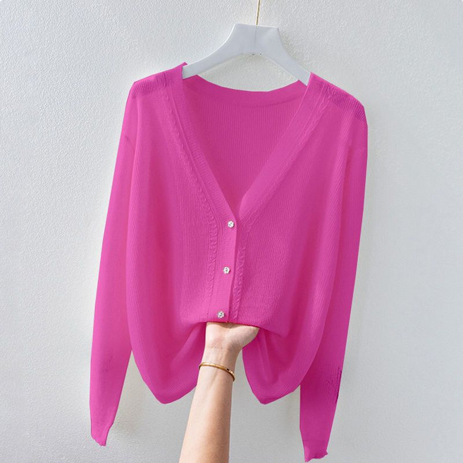 여성 브이넥 얇은 가디건 여름 캐주얼 여자 아이스 니트 가디건 데일리 여성 래쉬가드 숏 긴팔 가디건 CJJ