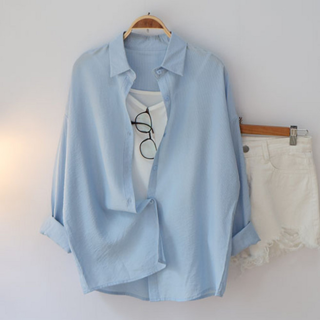 스카이코코 여성 긴팔 남방 시스루 소다 잔줄 셔츠