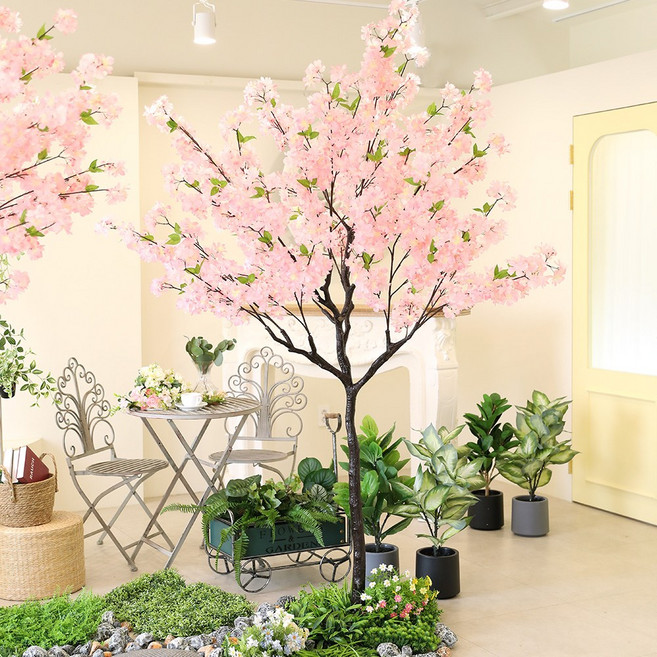 인테리어 대형 인조 조화나무 플랜테리어, 1세트, 구름벚꽃 내츄럴목대 받침형 220CM_허브라인잔디