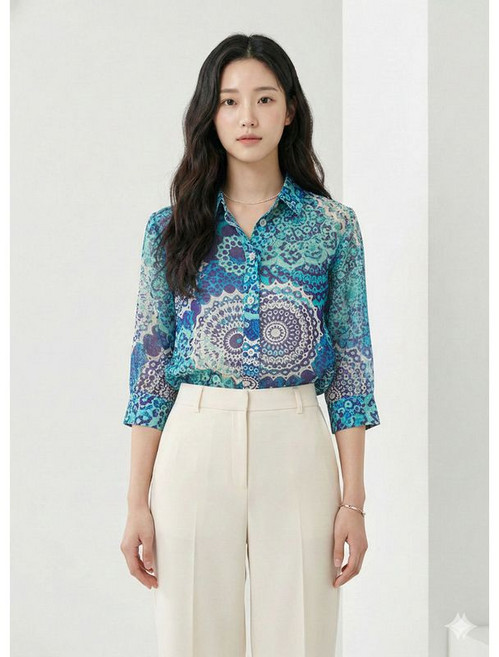 크로커다일레이디 블루 패턴 풀오픈 롱티셔츠 CLCMTS228
