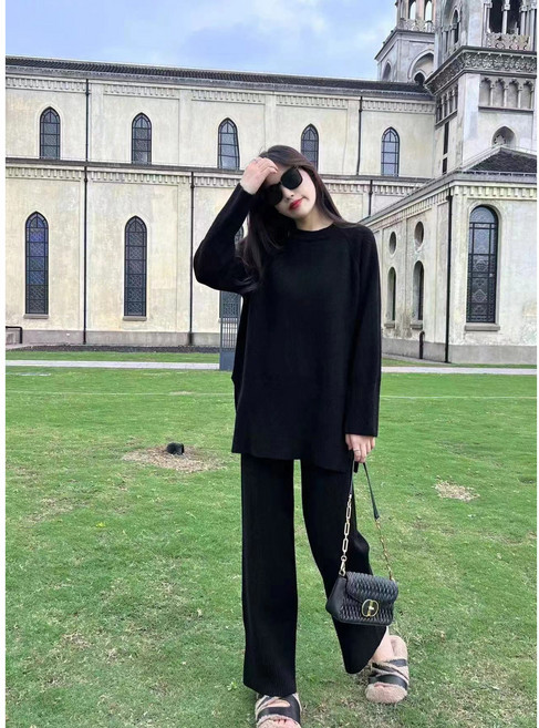 ANYOU 여성 가을 겨울 라운드넥 사이드 슬릿 캐주얼 정장 투피스 하이웨스트 와이드 캐주얼 팬츠 니트세트