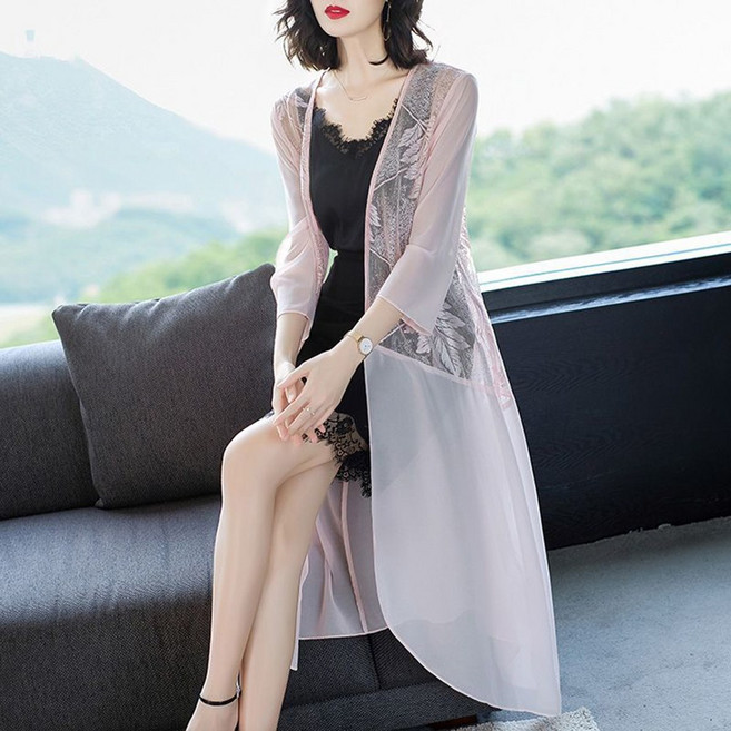 WANGBAIWAN 여성 레이스 패치워크 시스루 롱 가디건 단색 자외선 차단 케이프 트렌치코트 리조트룩 S622509