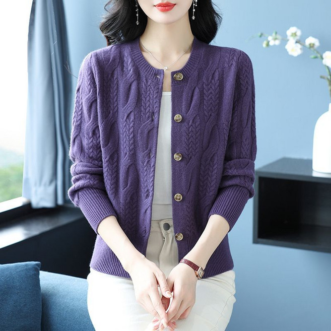 메인워크 중년여성 라운드넥 니트 가디건 긴팔 봄가을 겨울 도톰 스웨터 캐주얼 엄마룩 데일리 간절기 루즈핏 아우터 상의