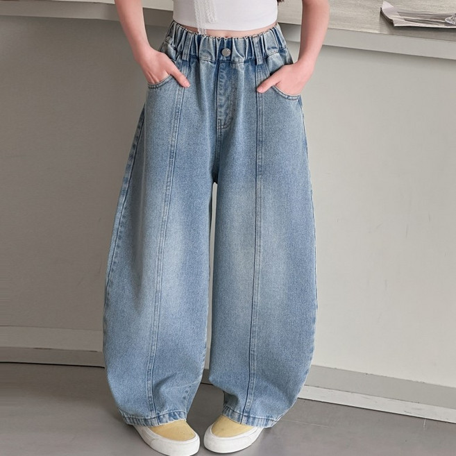 사사로이 여아용 청바지 루즈핏 와이드 팬츠 데님 캐주얼 바지 크로스오버