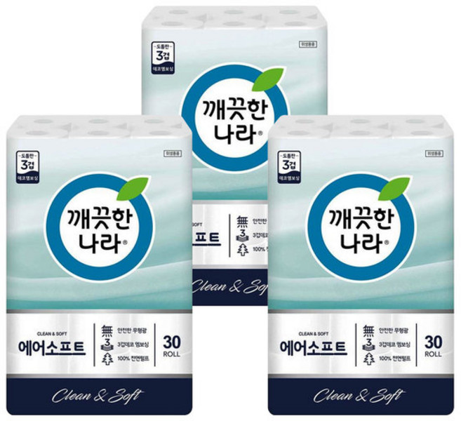 깨끗한나라 3겹데코 에어소프트 천연펄프 롤화장지 30m, 30롤, 1개