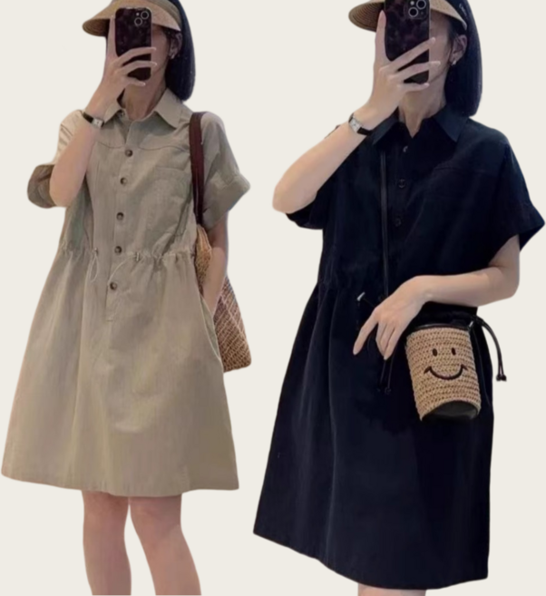 Yumico 여성 카라넥 바스락 코튼 카고 셔츠 원피스 여름 스트링 조절 허리라인 루즈핏 빅사이즈 여름원피스하객룩 오피스룩 데일리 체형커버