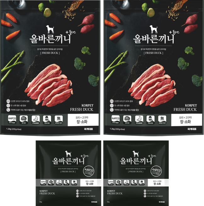 올바른끼니 플러스-오리 고구마(장건강) 강아지사료 _ 60%생육 100%휴먼그레이드 스팀공법 영양식 강아지밥, 장건강/유산균, 1.25kg, 2개