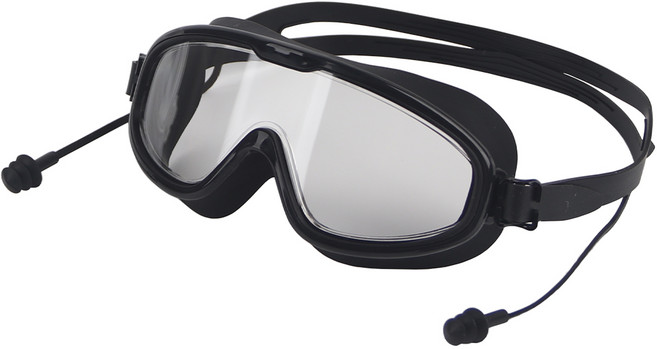 퓨어포스 귀마개 일체형 고글형 수경 김서림 방지 안티포그 물안경 UV 자외선 차단 노미러 렌즈 와이드뷰 남녀공용 수영 레저 패킹 고글, R98713B(블랙, 1개